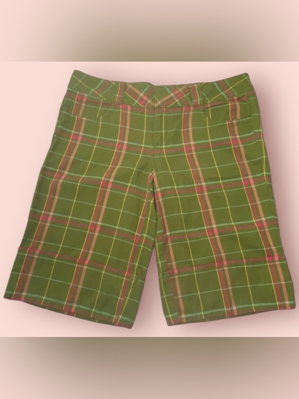3/$10 Split Shorts 9 Bermuda Green Plaid Peekaboo